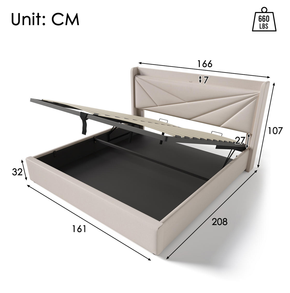 OBLAZINJENA postelja 160/200 cm z USB in priključkom Type-C, shranjevalnim prostorom ter vzmetnico, Bež - bež, tekstil (160/160cm) - Redom