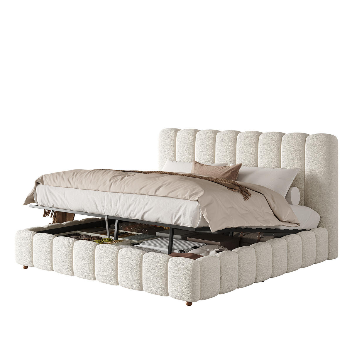 POLSTERBETT 200x200cm Hydraulisch Stauraum Bouclé Weiß - Weiß, Textil (200/200cm) - FLIEKS
