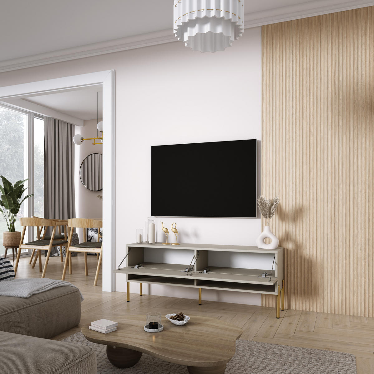 TV-LOWBOARD 140 cm Kaschmir, gerade schwarze Beine, 140 × 32 × 52 cm - Beige, Holzwerkstoff (140/52/32cm) - 3XE LIVING