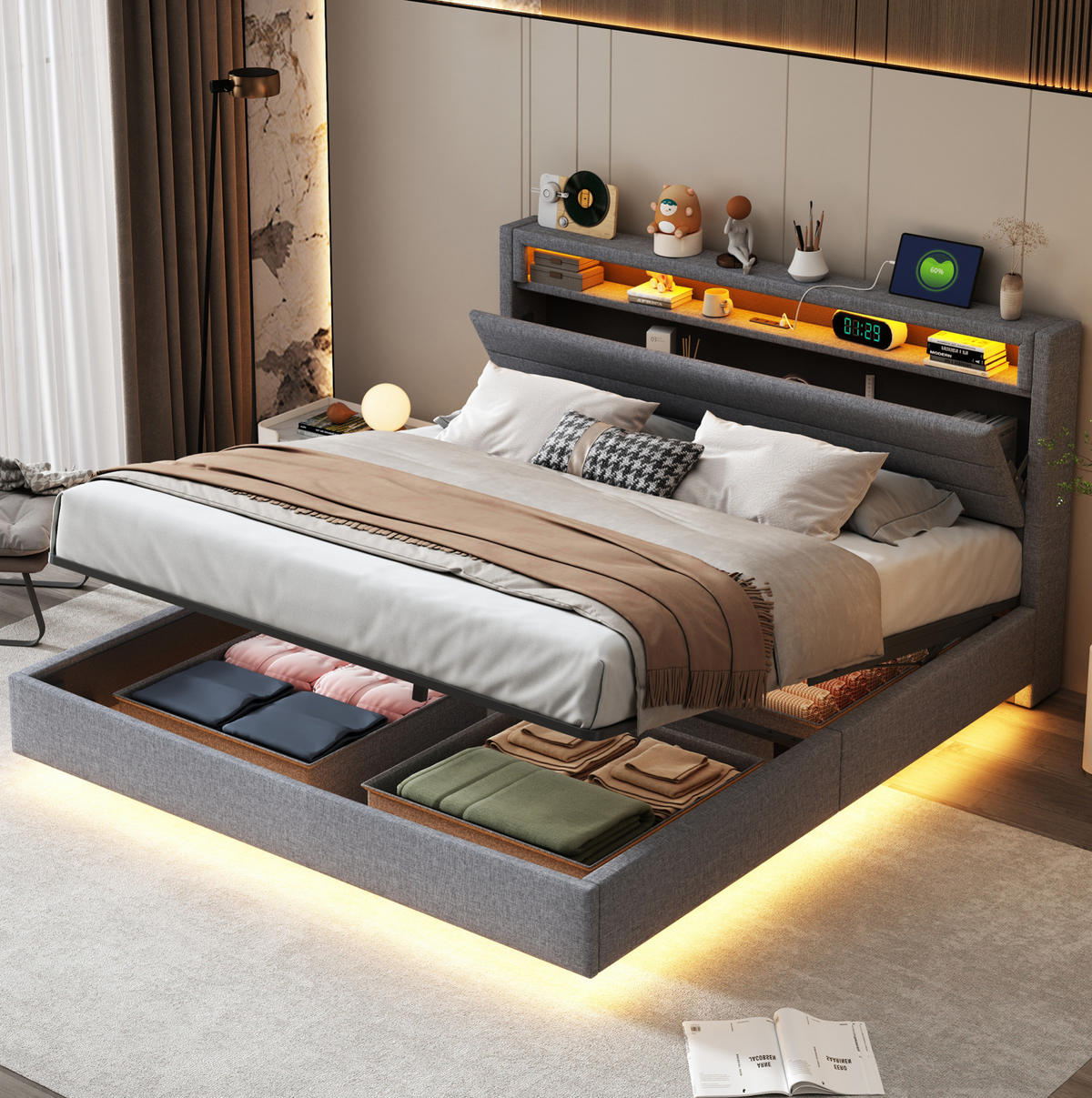 ČALÚNENÁ posteľ 160/200 cm, čalúnená, sivá, s USB a LED osvetlením a úložným priestorom - sivá, textil (160/200cm) - BEAOK