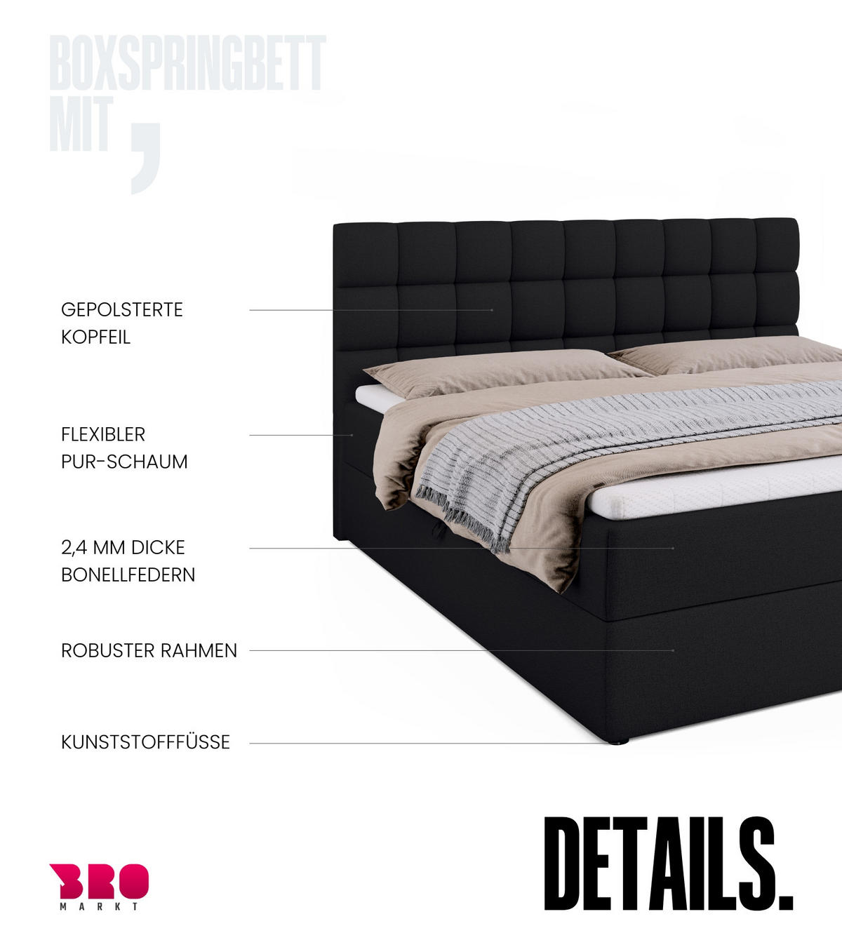 BOXBETT Dakota mit Topper 180/200 Schwarz - Schwarz, Textil (180/200cm) - Bromarkt