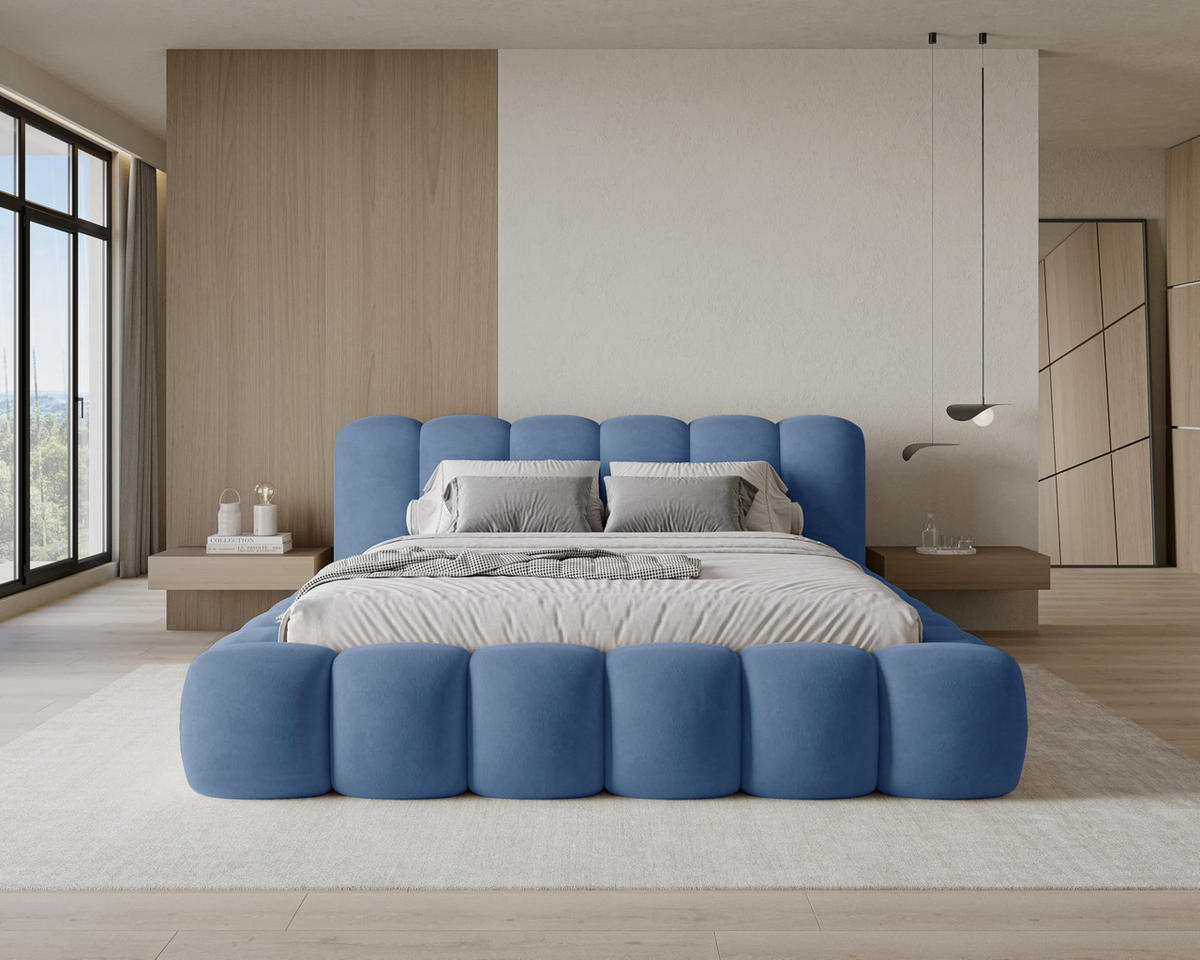 POLSTERBETT 160x200 mit Bettkasten, Lattenrost und Kopfteil, Velluto-Samt Stoffbezug Blau - Blau, Holz (160/200cm) - Chilly