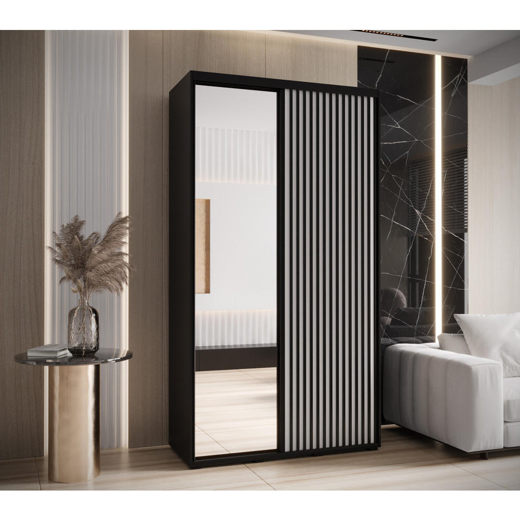 Thumbnail - Abiks Möbel Schwebetürenschrank, Schwarz, Weiß, Schwarz, Metall, Nachbildung, 6 Fächer, 130x205.2x45 cm, Schlafzimmer, K...