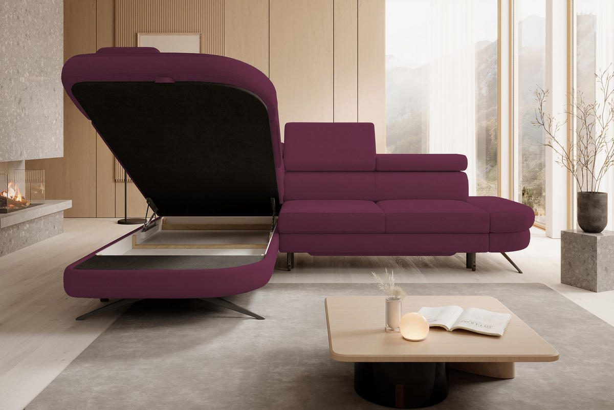 ECKSOFA OTIS L-förm, Schlaffunktion, verstellbare Kopfstützen, in AURORA-Stoff, lose Rückenkissen, freistehend, LINKS 218x276x97 cm Purple - Lila, Holz/Textil (218/276cm) - DomoHome
