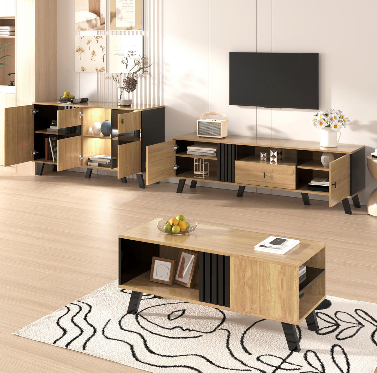 SIDEBOARD in Holzoptik und Schwarz mit 3 Türen, Glasfront und LED-Innenbeleuchtung, 140/41/78,5 cm, Holzoptik und Schwarz - Naturfarben, Holzwerkstoff (78.5/41/140cm) - Redom