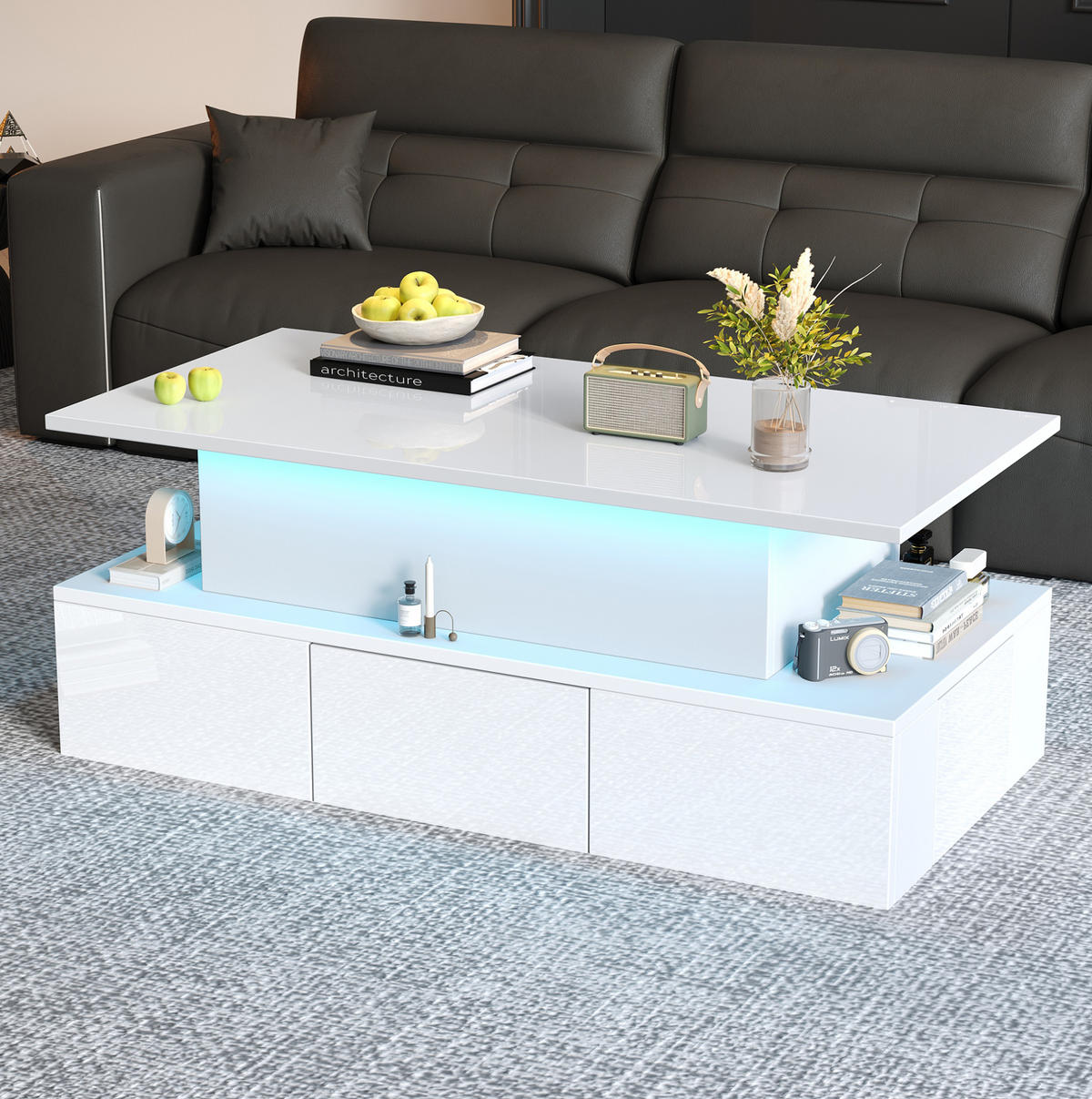 COUCHTISCH 100/50/40 cm weiß aus MDF mit LED und Stauraum - Weiß, Holzwerkstoff (100/50/40cm) - OKMYHOME