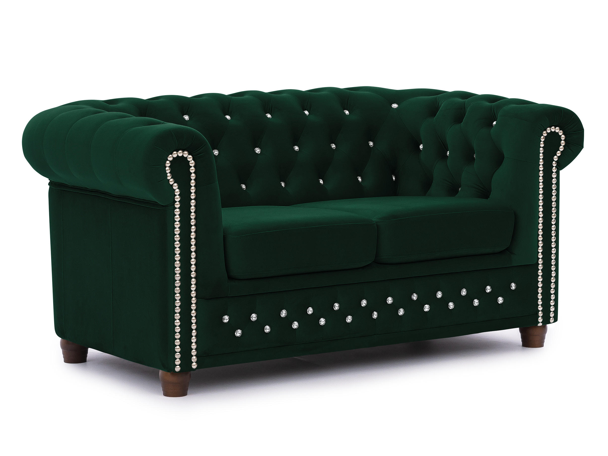 CHESTERFIELD-SOFA 2-sitzer Cleo Blink Flasche Grün Samt mit Kristallsteppung und braunen Massivholzfüßen - Braun/Grün, Holz/Textil (148/72/86cm) - S-Style Möbel