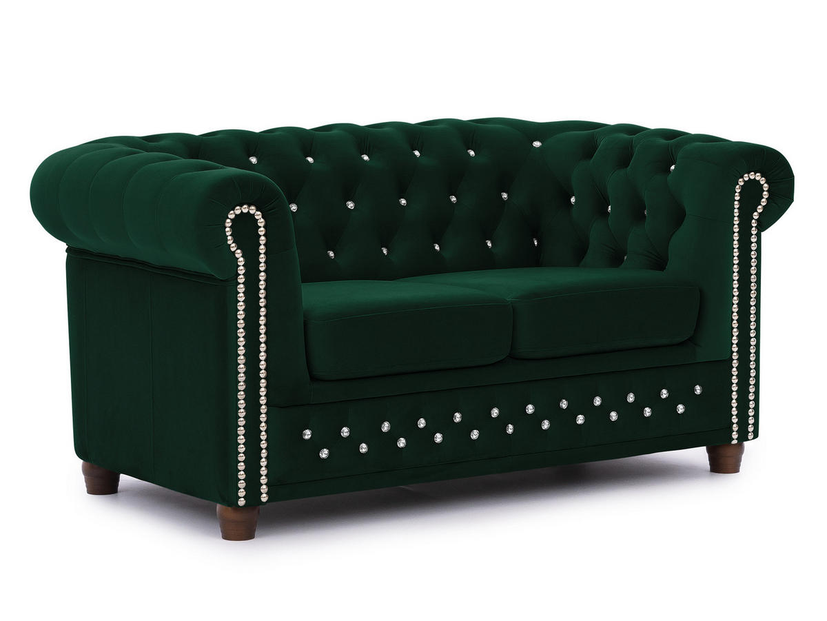 CHESTERFIELD-SOFA 2-sitzer Cleo Blink Flasche Grün Samt mit Kristallsteppung und braunen Massivholzfüßen - Braun/Grün, Holz/Textil (148/72/86cm) - S-Style Möbel