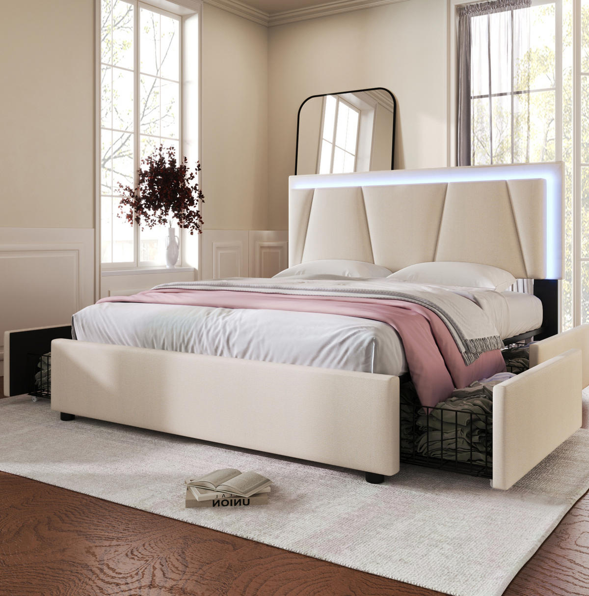 POLSTERBETT 140/200 cm Beige mit LED-Beleuchtung und 4 Schubladen - Beige, Holz (140/200cm) - Flora Grace