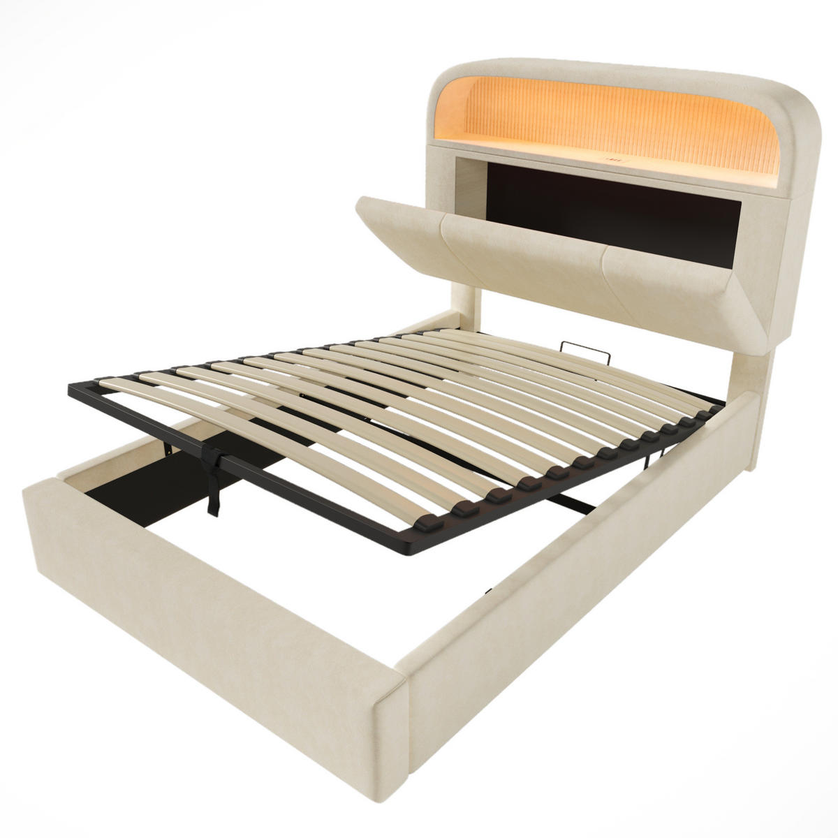 POLSTERBETT 90/200 cm mit LED-Beleuchtung, USB-/Type-C-Ladestation und Bettkasten, Samt und Matratze, Beige - Beige, Textil (90/200cm) - Redom