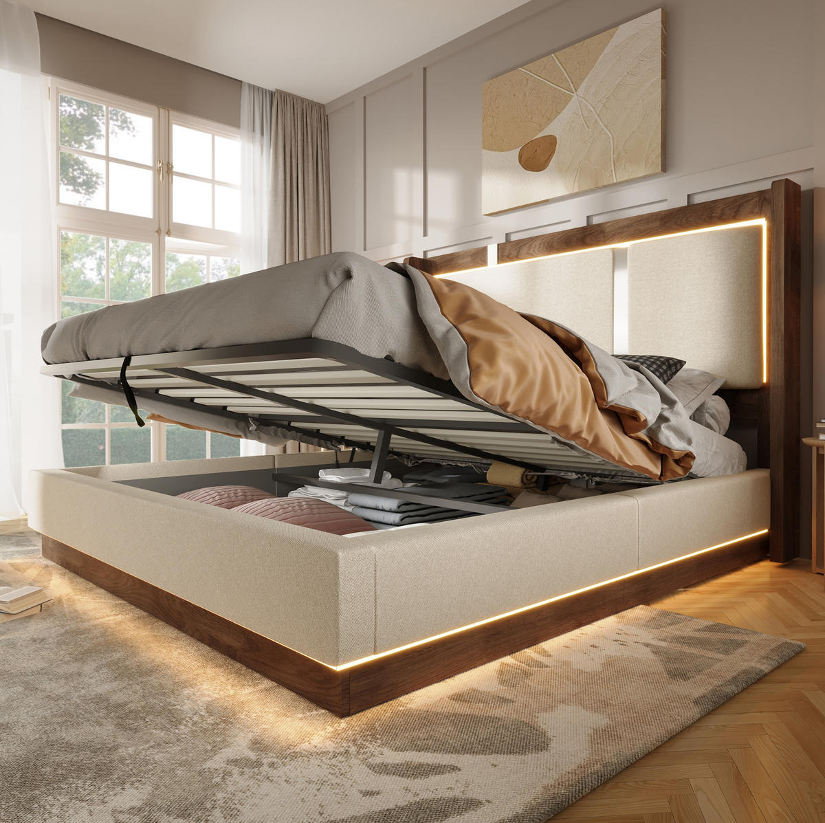 POLSTERBETT 140/200 cm aus Leinen und Holz mit LED und Bettkasten Beige - Beige, Textil (140/200cm) - Modenvie