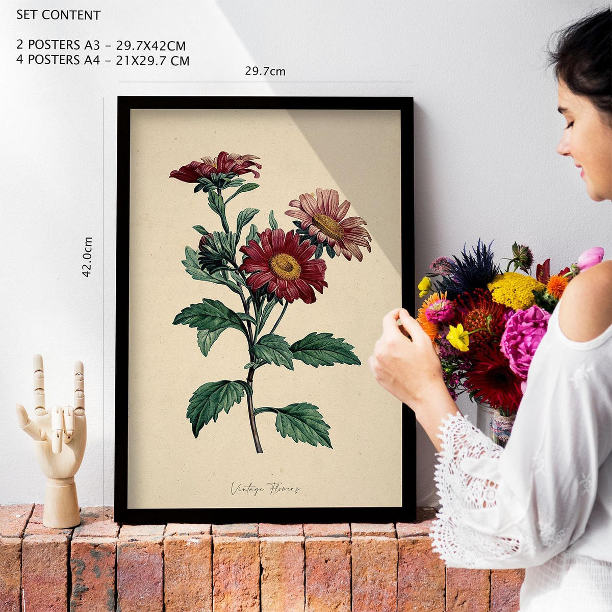 POSTER Set Mit 6 Dunkle Blumen In Vintage A3 & A4 Weißer Rahmen - Weiß, Papier (29/3cm) - Nacnic