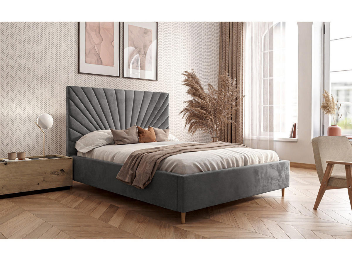 POLSTERBETT SUNNY 160x200 cm French Velvet 686, 34 Holzlatten, Kopfteil 131 cm - Grau, Textil (160/200cm) - Lookway