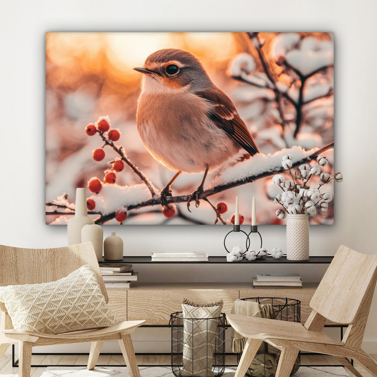 LEINWANDBILD Vogel - Zweig - Winter - Tiere - Schnee Wohnzimmer Groß 120x80 cm - Bernsteinfarben, Textil (120/80cm) - MuchoWow