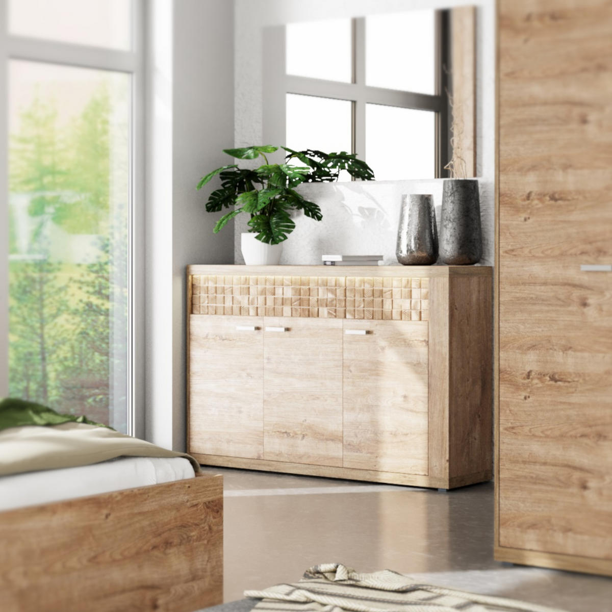 SIDEBOARD BALESTRAND N8 Dekorative Front Eiche - Eichefarben/Silberfarben, Glas/Holzwerkstoff (147/99/41cm) - Komodee