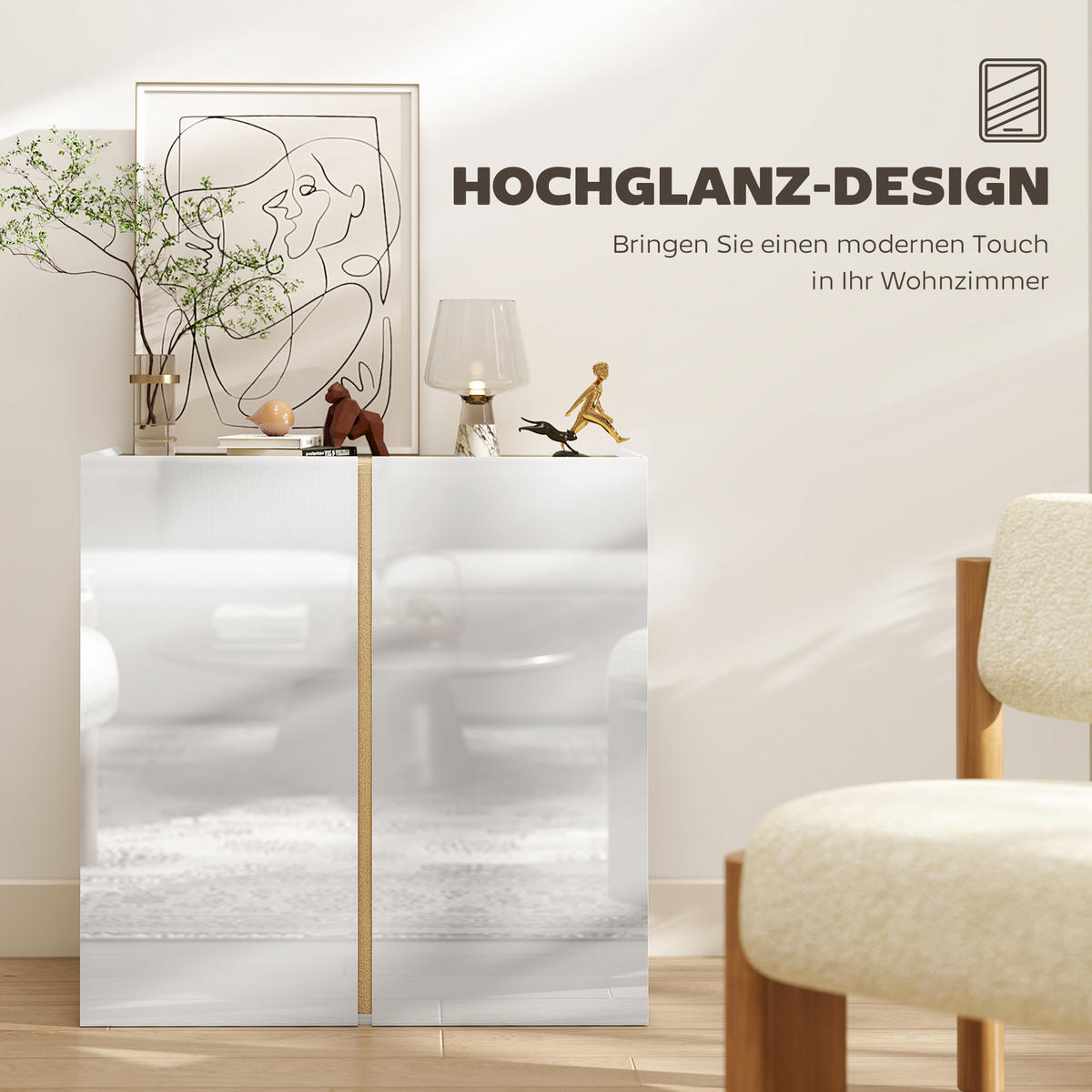 SIDEBOARD Küchenschrank mit 2 Soft-Close-Türen, Verstellbarer Einlegeboden - Weiß Hochglanz/Weiß, Holzwerkstoff/Kunststoff (40/80/80cm) - HOMCOM