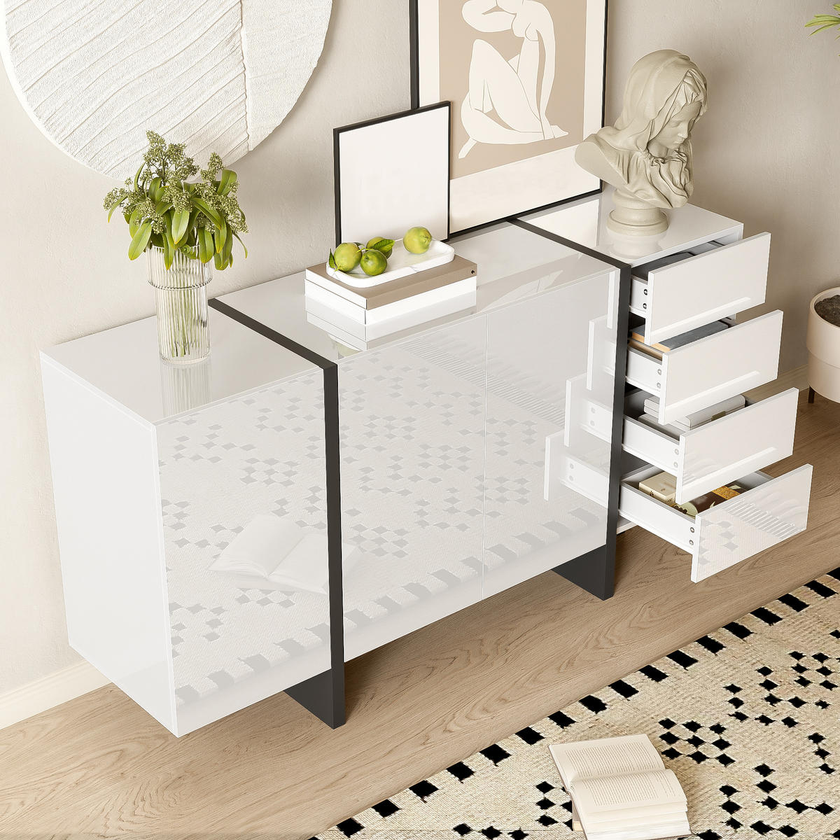 SIDEBOARD Anrichte mit Hochglanz-Oberfläche 2 Türen 4 Schubladen Weiß - Schwarz/Weiß, Holzwerkstoff/Metall (150/80.5/40cm) - EVRYAE