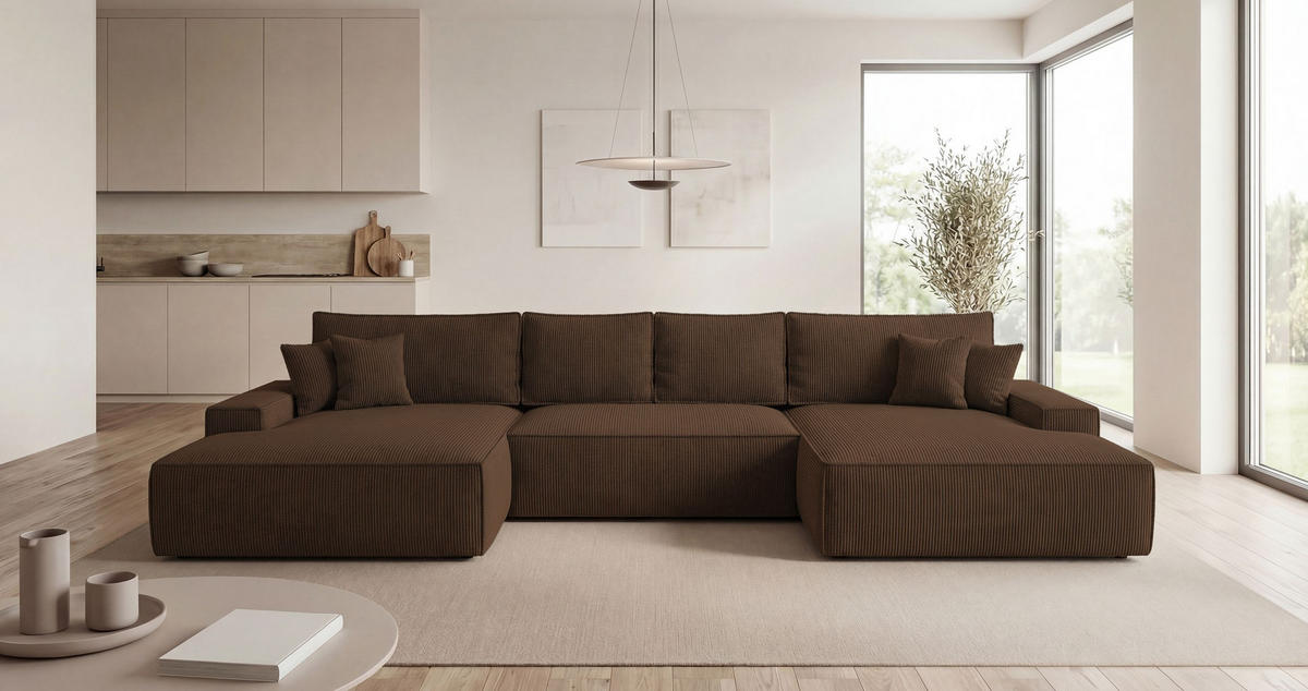 WOHNLANDSCHAFT VERONA U-Form braun Cord Poso 6 - Schlaffunktion, Bettkasten - Braun, Textil (385/86/185cm) - Cornero