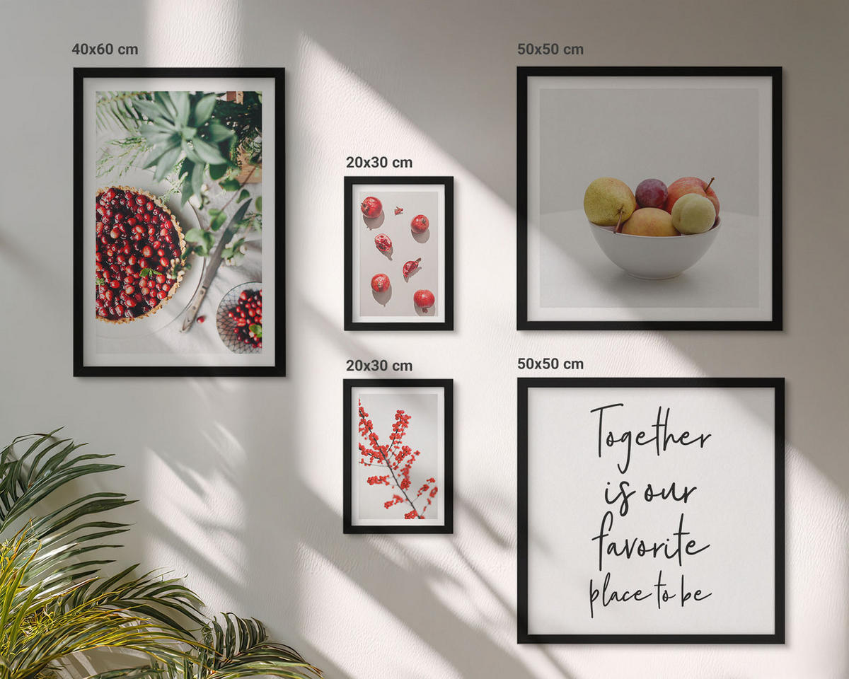BILDER SET 5er Set - 50x50 cm & 20x30 cm & 40x60 cm Schwarzer Rahmen - Minimalismus der roten Früchte von Pflanzen - Schwarz, Kunststoff (40/60cm) - TULUP