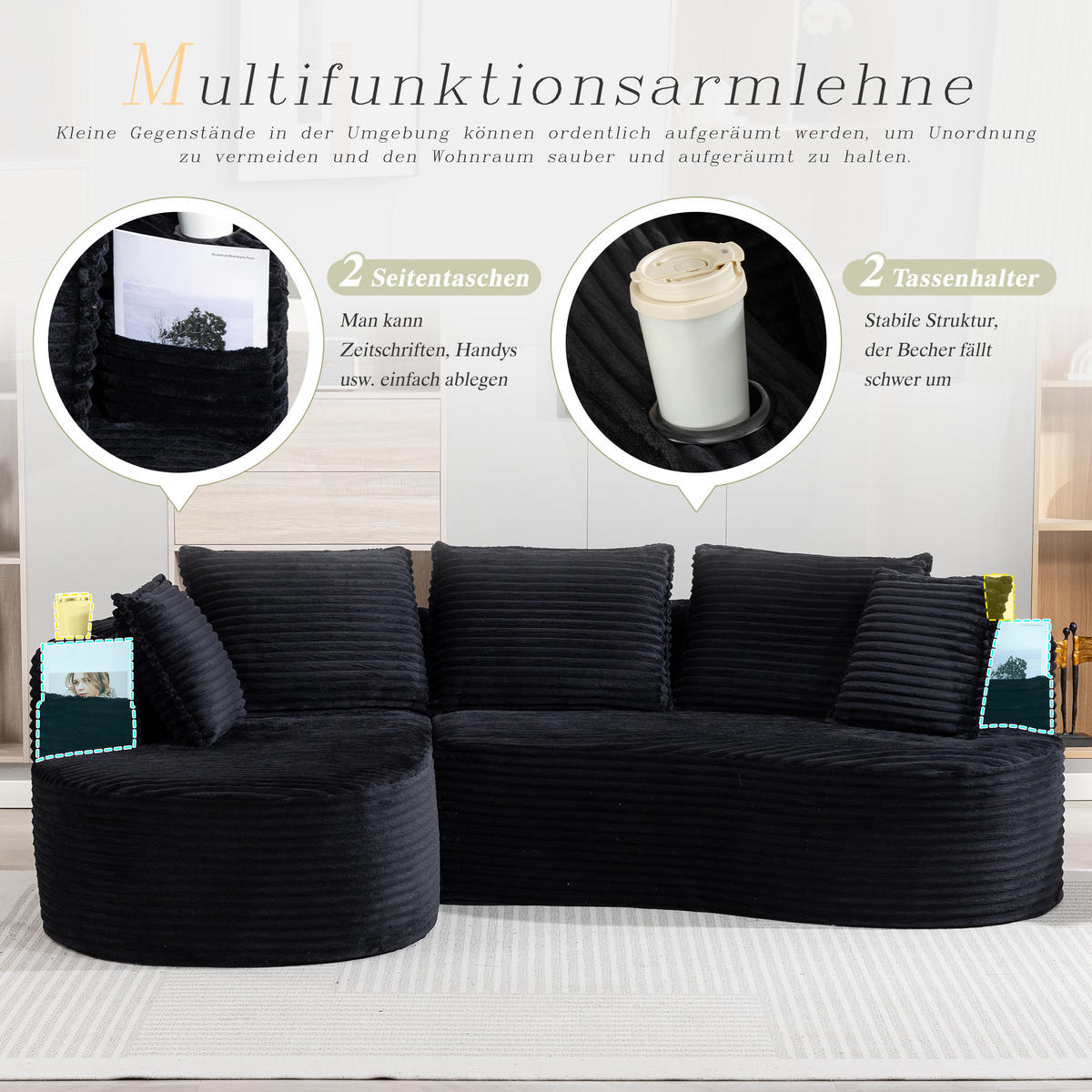 ECKSOFA Cord Schwarz mit Getränkehaltern, Seitentaschen und Kissen - Schwarz, Textil (250/152cm) - WISHDOR