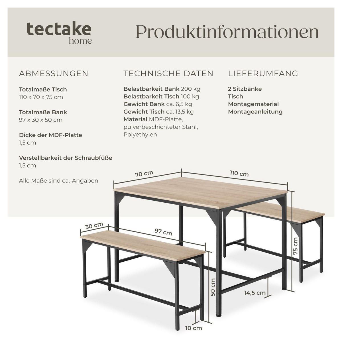 SITZGRUPPE Bolton, mit höhenverstellbaren Kunststofffüßen, Industrial Holz hell, Eiche Sonoma - Naturfarben, Holz (130/75/100cm) - tectake