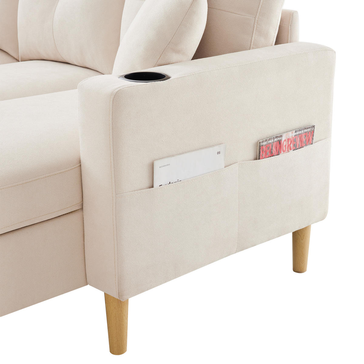 ECKSOFA Leinen Beige mit Stauraum, Getränkehalter und mit Kissen - Beige, Holzwerkstoff/Textil (175/129cm) - WISHDOR