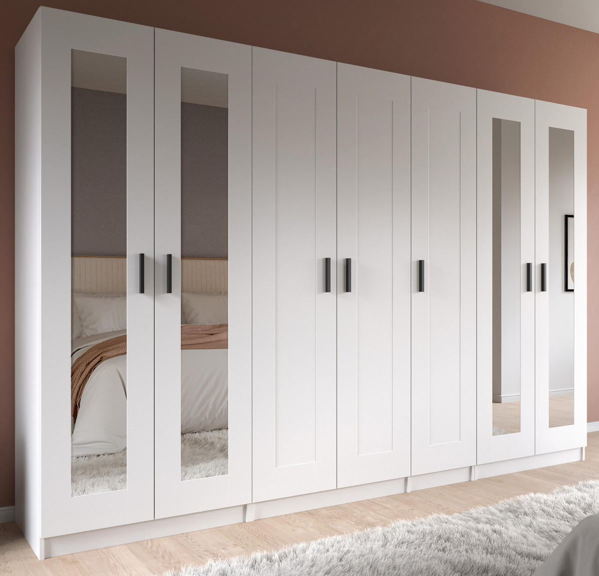 KLEIDERSCHRANK in weiß 280 x 194 cm skandinavisch, Wäscheschrank 7-türig mit Spiegel - Schwarz/Weiß, Glas/Holzwerkstoff (280/194/56cm) - Inn.Furn