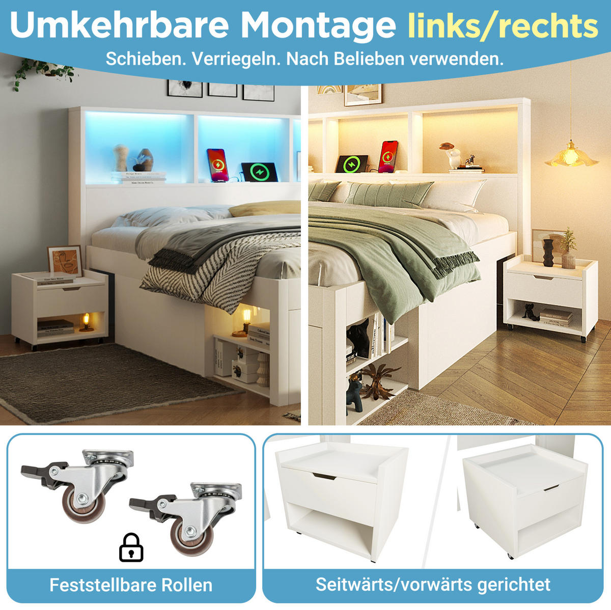 BETT 90/200 cm in Weiß mit Kopfteil, Stauraum, LED und inkl. Matratze - Weiß, Holzwerkstoff (90/200cm) - BEAOK