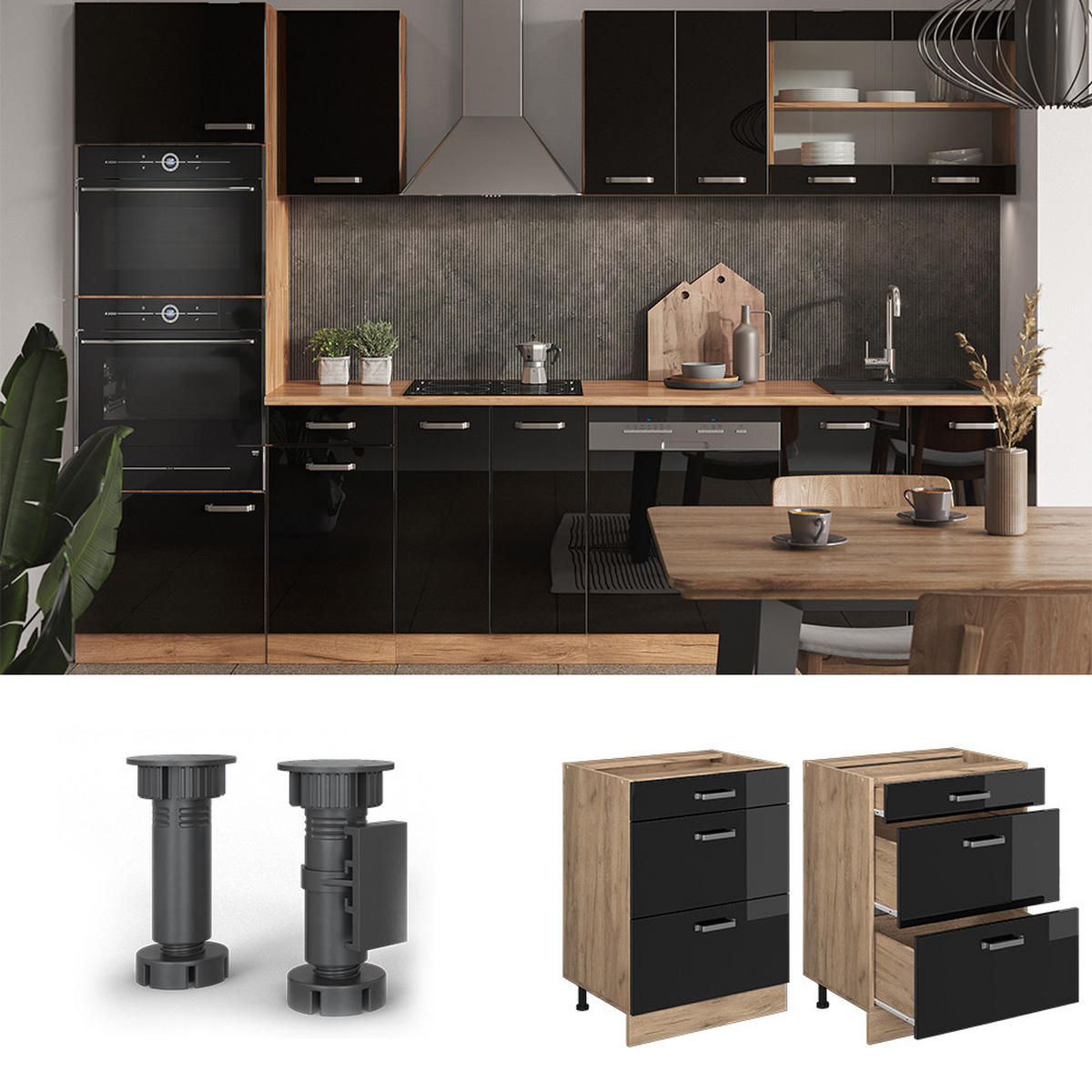 KÜCHENUNTERSCHRANK R-Line Schwarz Hochglanz 60 cm mit Schubladen AP Eiche - Schwarz Hochglanz/Eiche Wotan, Holzwerkstoff (60/81.6/60cm) - Vicco
