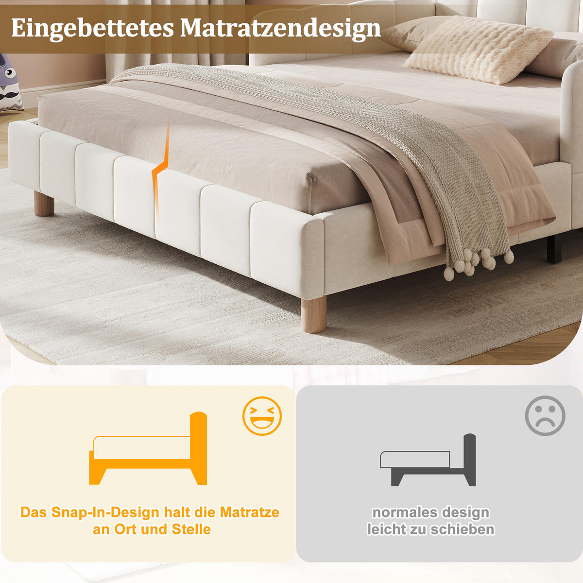 KINDERBETT 140/200 cm in Beige Samt mit Taschen - Beige, Holzwerkstoff/Textil (140/200cm) - WISHDOR