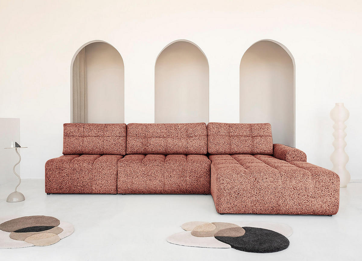 ECKSOFA mit Schlaffunktion - Strukturstoff - Beige/Rot, Kunststoff/Textil (338/184cm) - home24