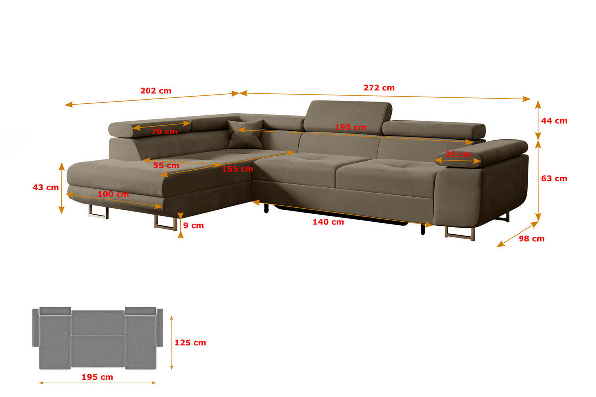 ECKSOFA mit Schlaffunktion und Bettkasten GUSA-L 272x202x107 cm Braun Velours - Silberfarben/Braun, Holzwerkstoff/Textil (272/202cm) - ALTDECOR