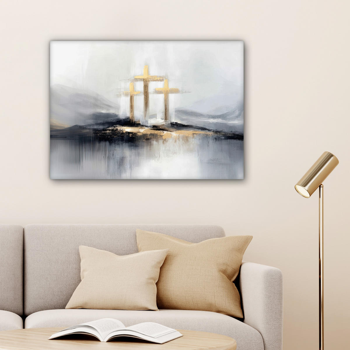 LEINWANDBILD Abstrakt - Malerei - Christentum - Kreuz Wandbilder 80x60 cm - Weiß, Textil (80/60cm) - MuchoWow