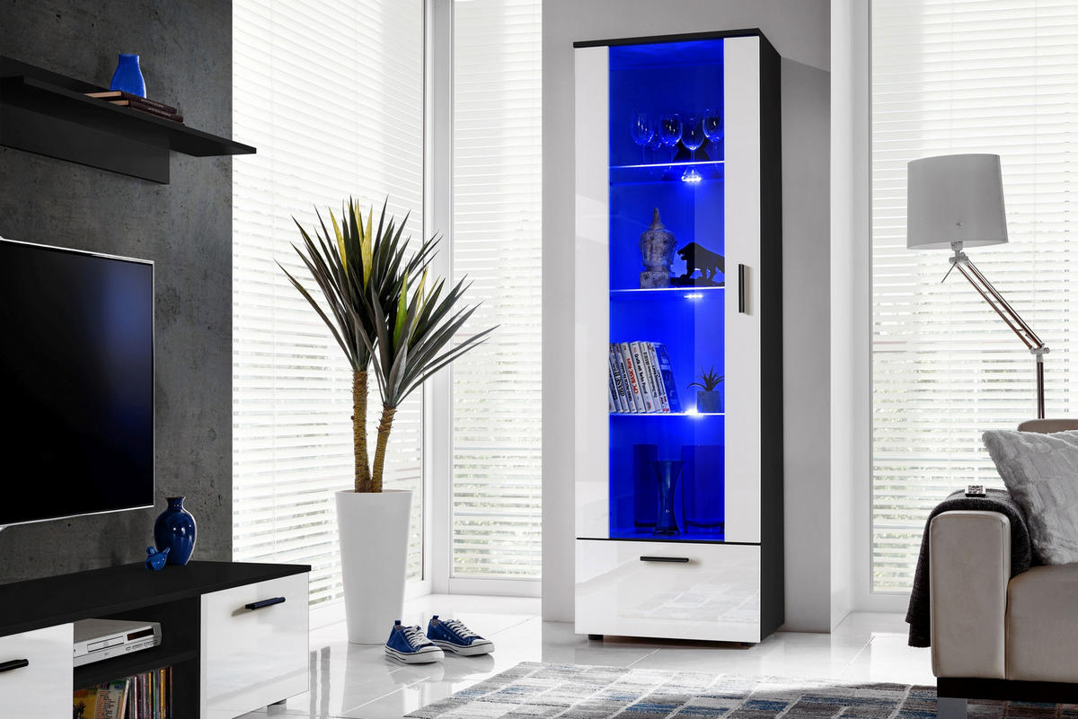 VITRINE ALESSANDRIA, Weiss, LED Blau - Schwarz/Weiß, Glas/Holzwerkstoff (60/192/42cm) - Komodee