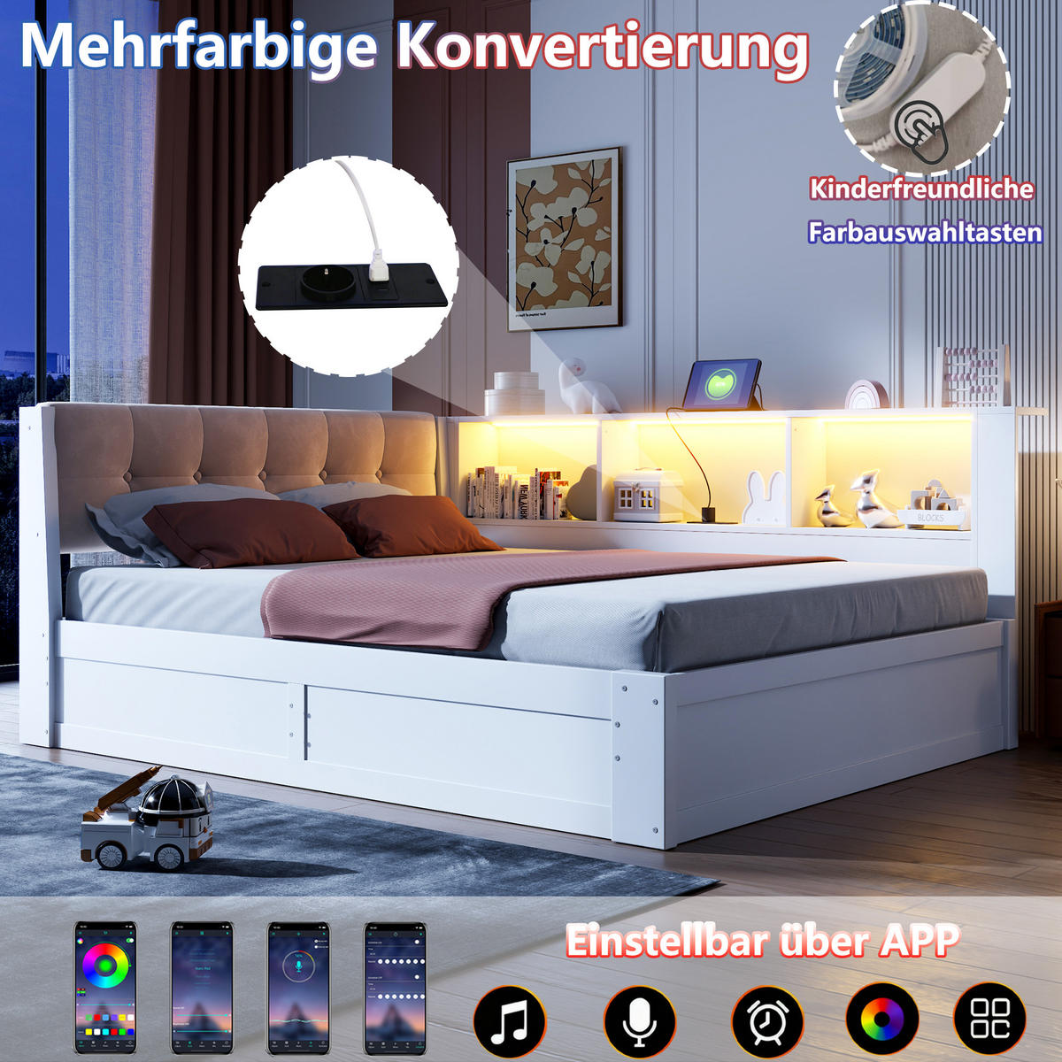 BETT 140/200 cm in Weiß mit Bettkasten, Regal und USB aus Kiefernholz und MDF - Beige/Weiß, Holzwerkstoff/Textil (140/200cm) - STILVORA