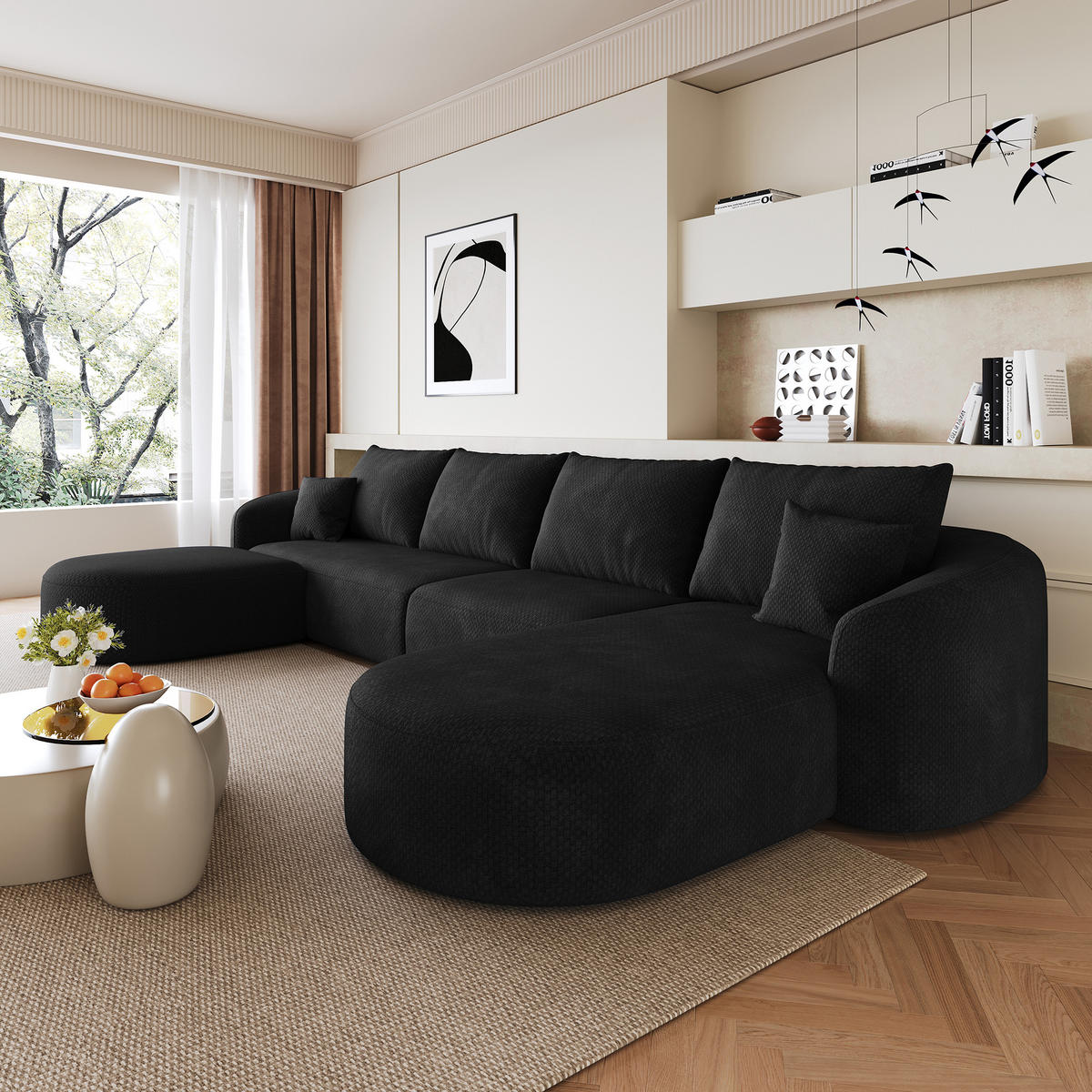 WOHNLANDSCHAFT DE-34817 U-Form 3-Sitzer Chaiselongue rechts Schwarz - Schwarz, Textil (168/85/336cm) - ComfortXL