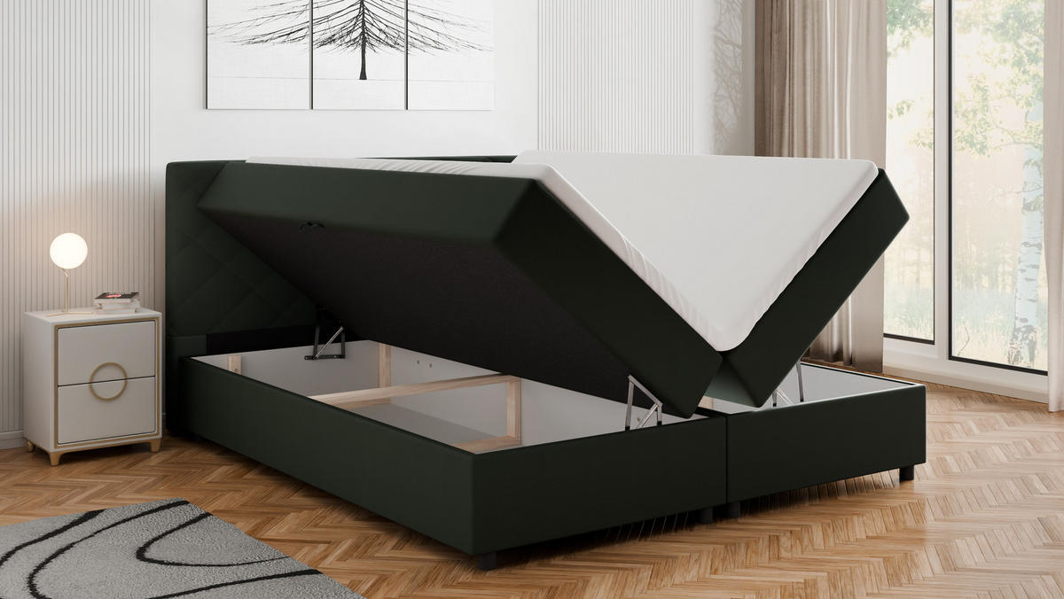 BOXBETT Diamaro 180x200 cm mit Bettkasten und Topper - Dunkelgrün - Grün, Holz (180/200cm) - Panda Möbel