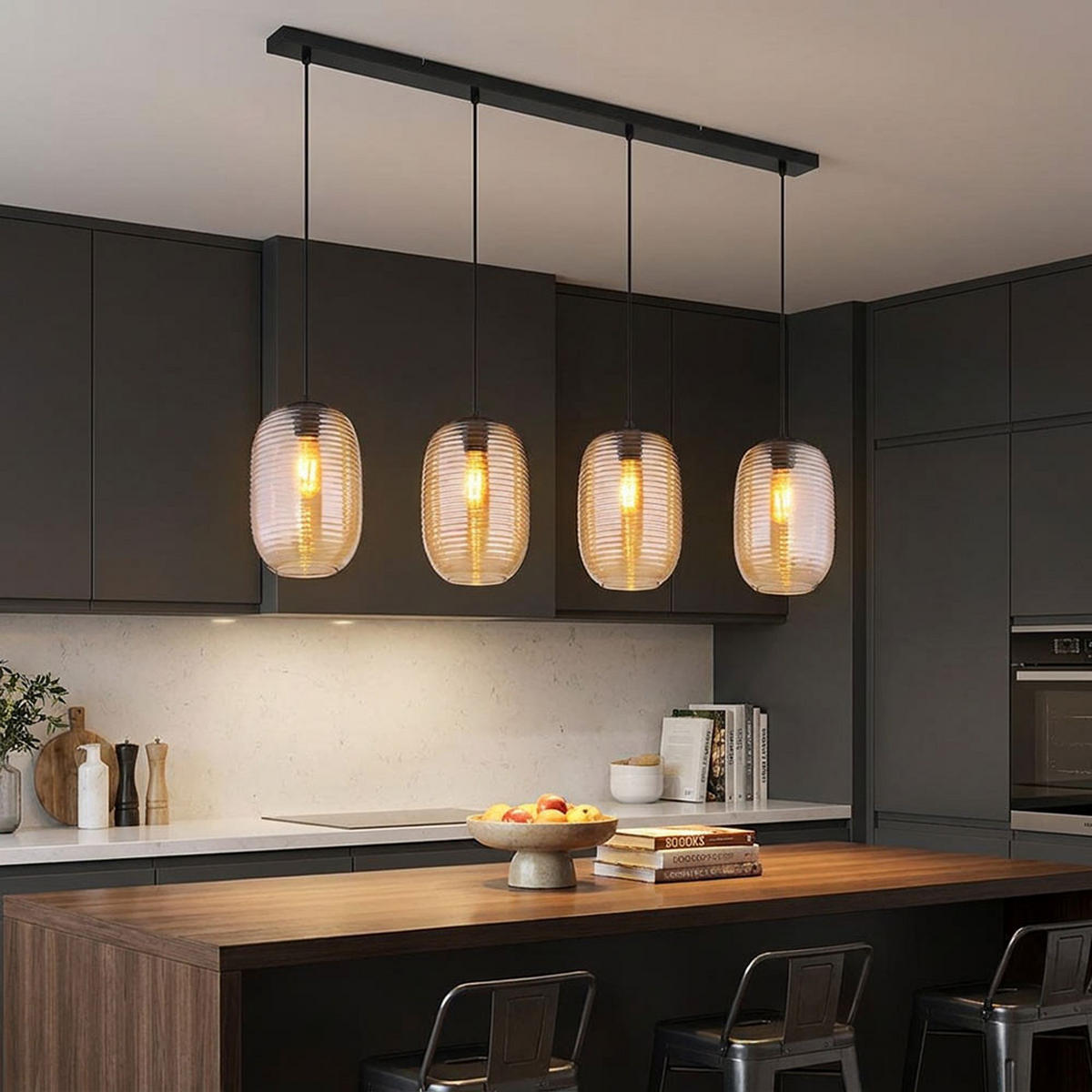PENDELLEUCHTE Metall Schwarz, Glas Amber, 4-flammig - Orange, Glas (110/20/120cm) - Globo Lighting