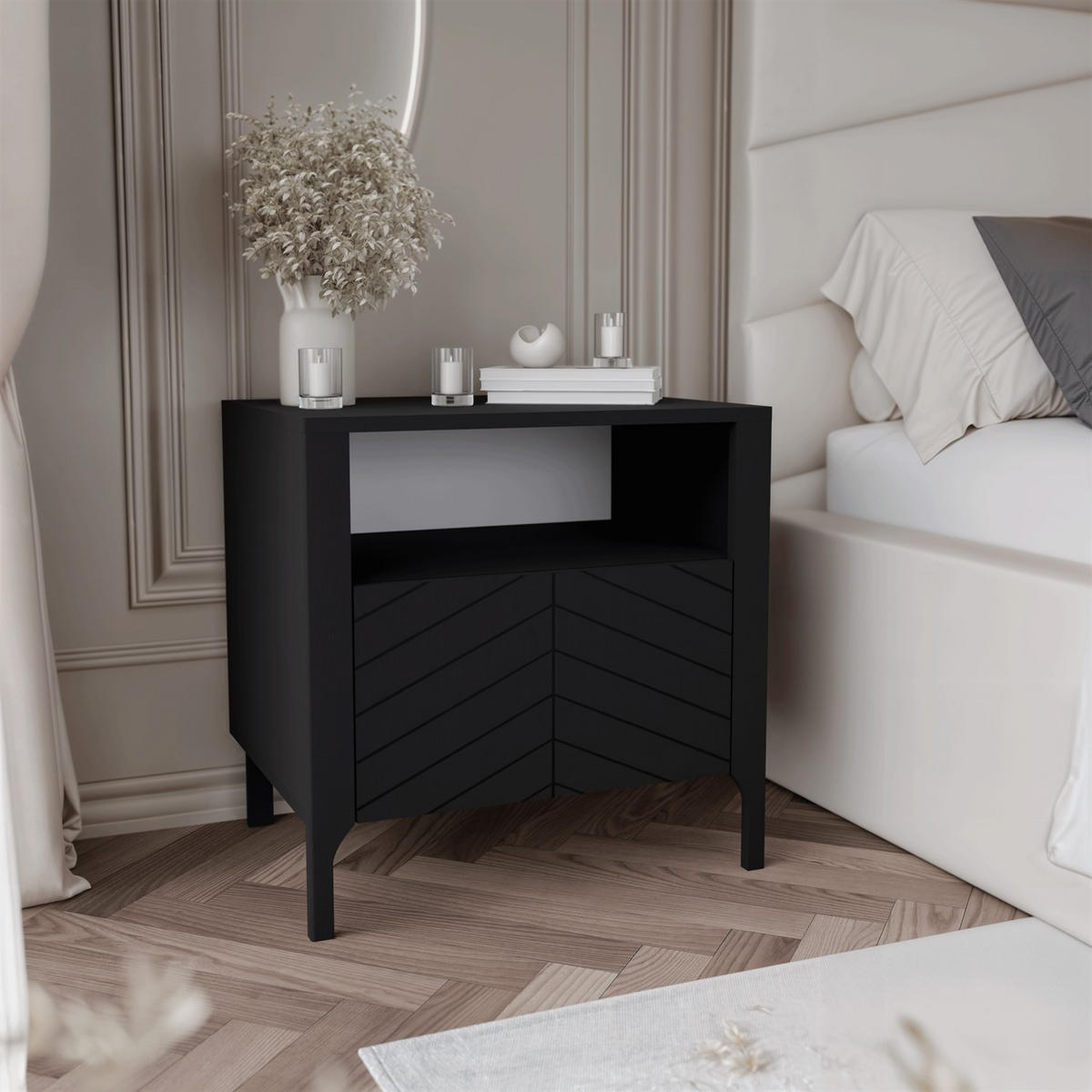 NACHTTISCH LUMI, Schwarz - Schwarz, Holzwerkstoff (54/57/41cm) - Lookway