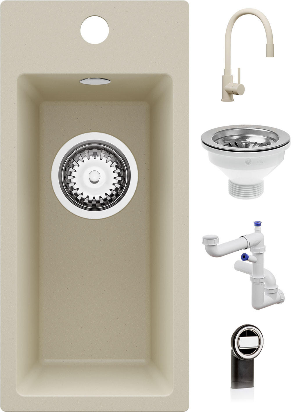 GRANITSPÜLE - Riga, 3-er set Beige 23/50 cm, 1 Becken + Küchenarmatur 38/14 cm + Ablauf-Set ab 25er Unterschrank - Beige, Kunststoff (23/200/500cm) - Primagran