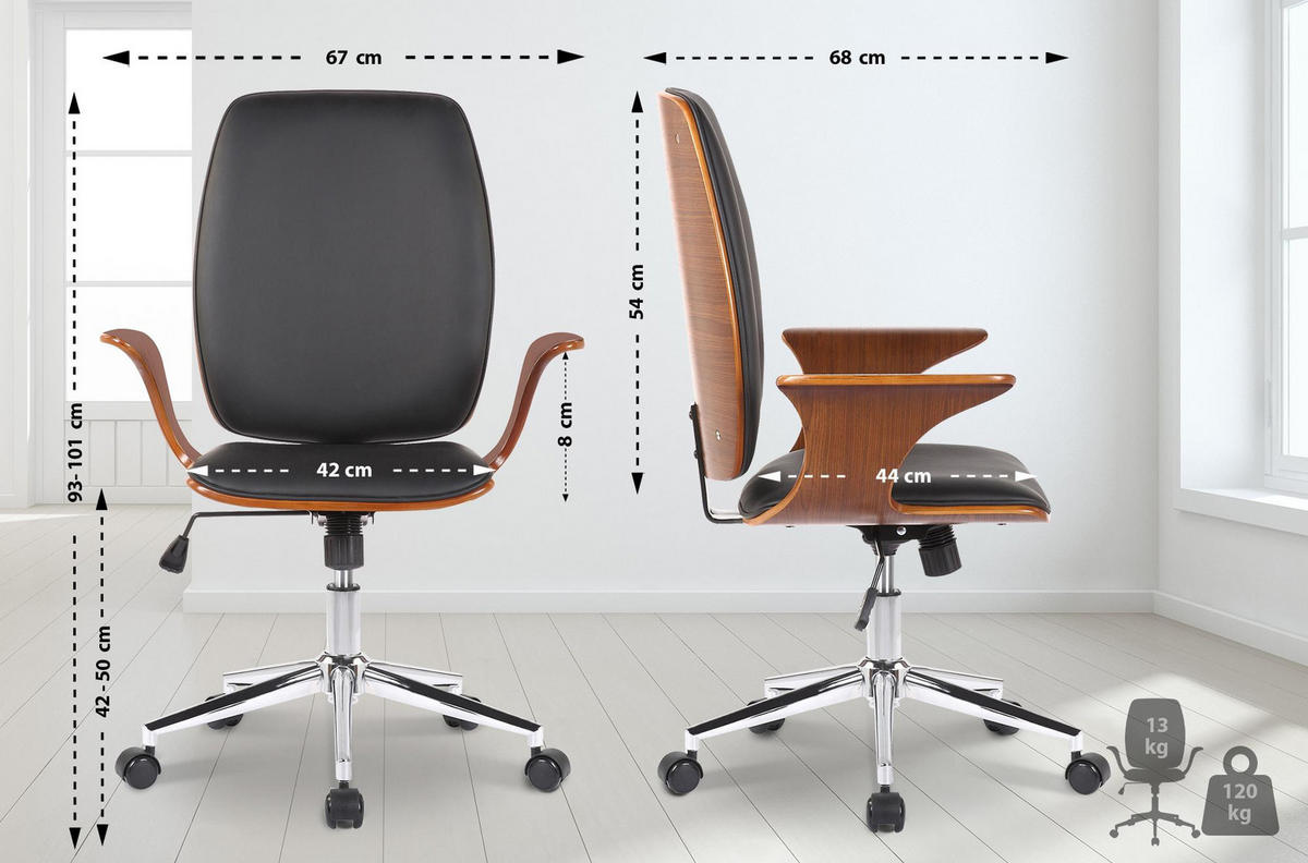 DREHSTUHL Lederlook walnuss/schwarz - Chromfarben/Walnussfarben, Textil/Metall (67/93/68cm) - CLP