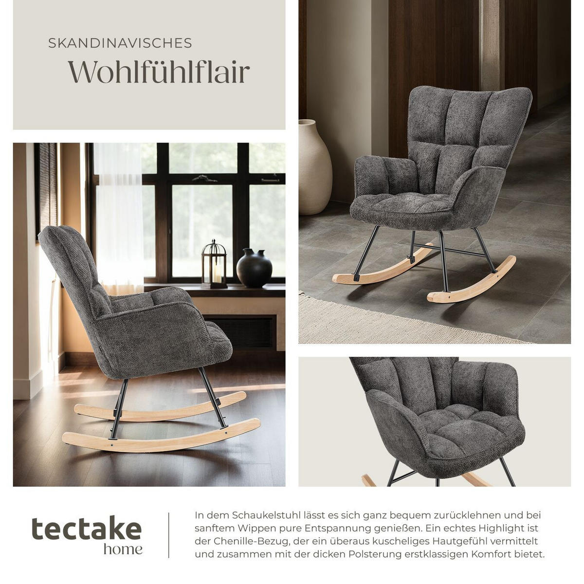 SCHAUKELSTUHL Torve, 68 x 96 x 97 cm, Belastbarkeit 120 kg, Chenille anthrazit - Anthrazit, Kunststoff (70/97/96cm) - tectake