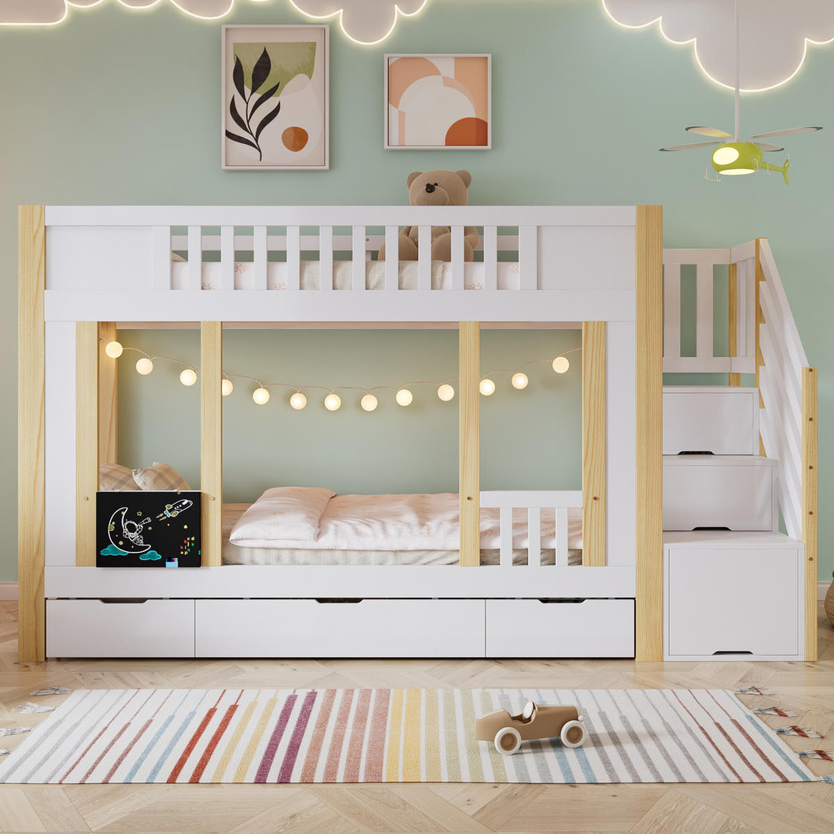 POSCHODOVÁ posteľ 90/200 cm biela/prírodná s úložnými schodmi a zásuvkami z borovice a MDF - biela, kompozitné drevo (90/200cm) - OKWISH