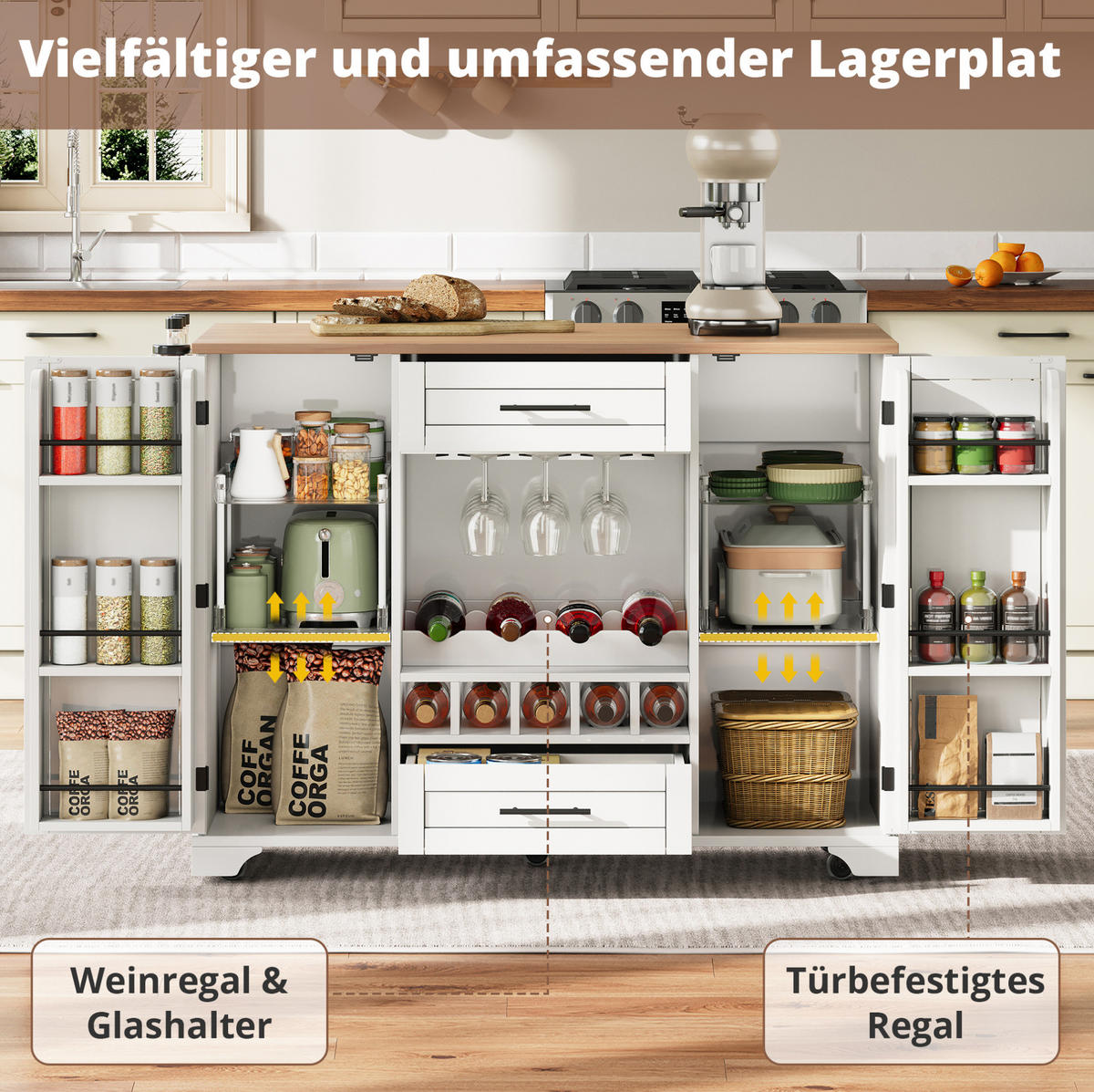 KÜCHENWAGEN 138/45(70)/92 cm in Weiß/Natur mit klappbarer Arbeitsplatte und Rollen - Weiß, Holzwerkstoff (138/92/70cm) - Flora Grace