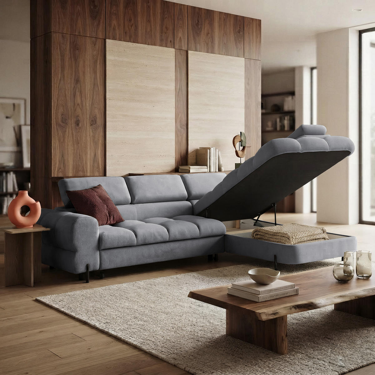 ECKSOFA BOWL L Rechts mit Schlaffunktion 125x195 Velours Dunkelgrau - Dunkelgrau/Schwarz, Holz/Textil (195/260cm) - Muffo