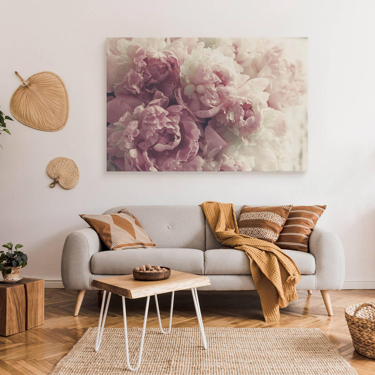 LEINWANDBILD Pfingstrosen Blumen 3D Pflanzen Natur 100x70 - Beige/Weiß, Textil (100/70cm) - Muralo