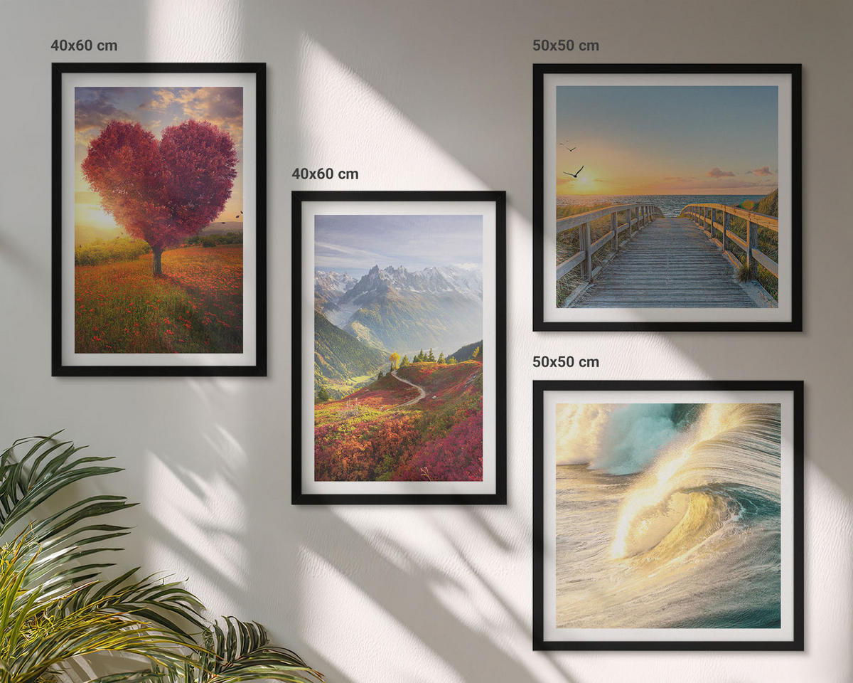 BILDER SET 4er Set - 50x50 cm & 40x60 cm Schwarzer Rahmen - Landschaften Berge Wellen Baum Herz Pier - Schwarz, Kunststoff (50/50cm) - TULUP