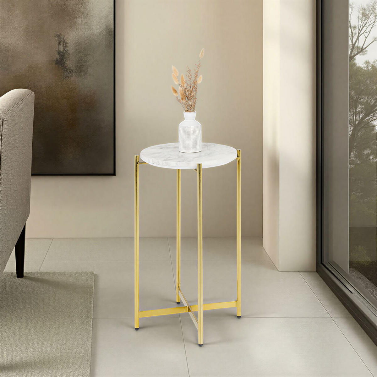 BEISTELLTISCH CRATO bronze/weiß - Weiß/Bronzefarben, Naturmaterialien/Metall (36/36/55cm) - IDIMEX