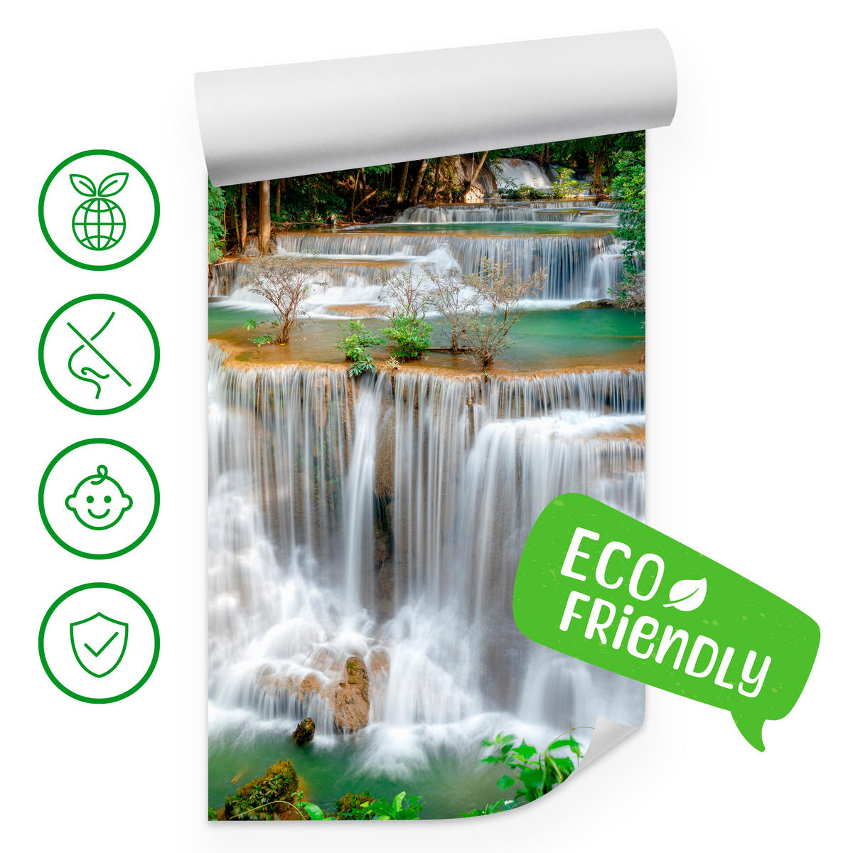 FOTOTAPETE für Esszimmer Panorama Waldwasserfall Bäume Pflanzen Natur 300x210 - Beige/Braun, Papier (300/210cm) - Muralo