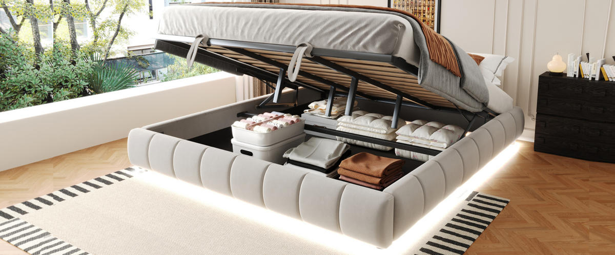 POLSTERBETT 180/200 cm Beige aus Flannelette mit LED-Lichtleiste und Bettkasten - Beige, Textil (180/200cm) - OKMYHOME